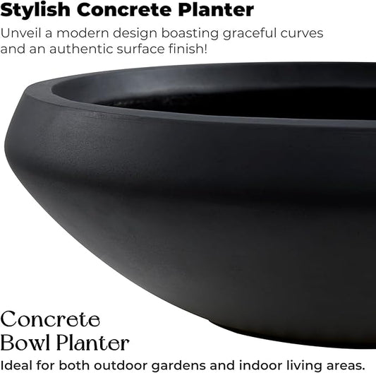 Concrete Bowl Planter, 19"Dia Large Succulent Pot with Drain Hole, Lotus Planter 16.7"Opening Flowerpot for Herbs, Bonsai, and Shallow-root Plants, Indoor & Outdoor Garden, Patio Decor, Medium-Black