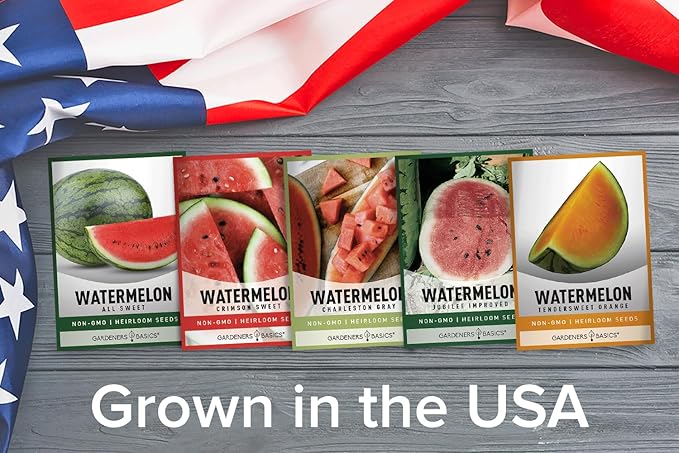 Gardeners Basics Watermelon Fruit Seeds for Planting Home Garden 5 Variety Packets - Crimson Sweet, Jubilee Improved, Tendersweet Orange, Charleston Grey, and All Sweet Watermelon Seed Packs