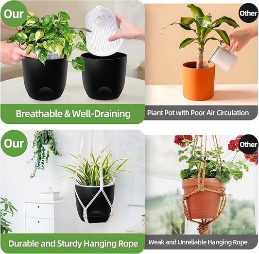 2-Pack 7.1-Inch Self-Watering Hanging Planters for Indoor & Outdoor Plants,34Inch Macrame Hanger Plant Pots Indoor with Drainage,Small Hanging Planters & Baskets,With Two Sets of Hooks(Pure black)