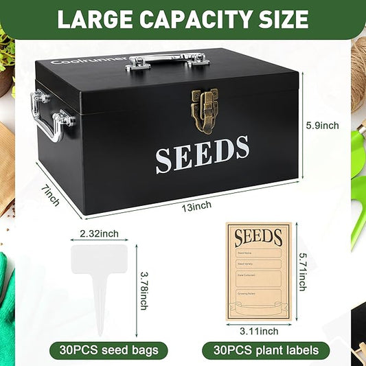 Coolrunner Wood Seed Saving Box, Seed Storage Organizer Case, Seed Packet Storage Organizer with Lock and 3 Handles, 30P Plant Labels, 30P Seeding Envelopes Bag (Black)