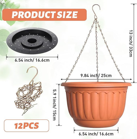 12 Sets Hanging Planters for Indoor and Outdoor Plants Terracotta Self Watering Hanging Basket Flower Pots Plastic Plant Pots with Drainage Hole and Absorbing Tray (10 Inch)