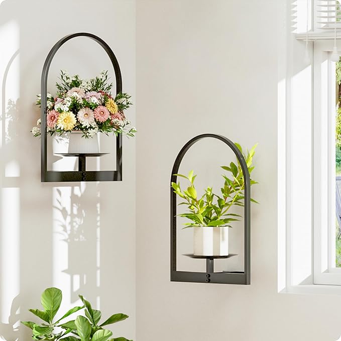Black Metal Wall Plant Holder - 2-Pack Wall Mounted Plant Stands and Hanging Holders for Indoor Planter and Flower Pot - Arch Decor Shelf for Plant Storage (Pot Not Included)