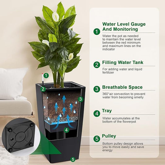 GAOMON 30" Tall Planter Set of 2,Heavy Duty Tall Planter,High Front Porch Planter Pots with Drainage Holes&Water Level Monitor&Inner Bucket, Automatic Watering,Indoor/Outdoor Grande Plant,Tree,Black…