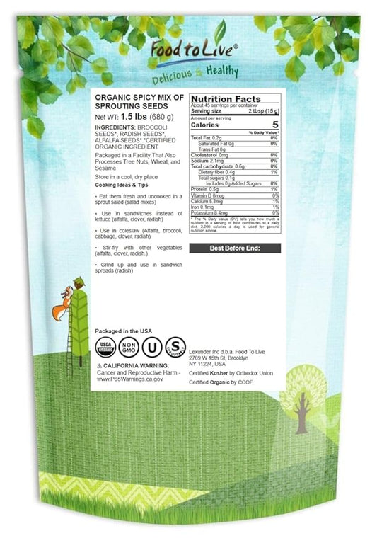 Food to Live Organic Spicy Mix of Sprouting Seeds, 1.5 Pounds — Non-GMO Broccoli, Radish, Alfalfa, Raw, Rich Germination Rate, Non-Irradiated, Pure, Kosher, Vegan Superfood, Bulk, Rich Sulforaphane