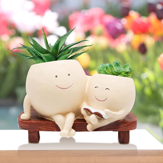 Smily Face Planter Pot for Plants, Cute Double Head Planters for Indoor Outdoor Plants, Modern Lady Head Vase Girl Face Planter, Unique Succulent Pots with Drainage Hole (Khaki)