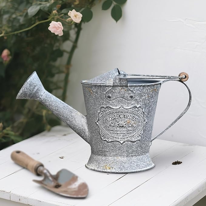 Vintage Metal Watering Can with Wooden Handle, Watering Can for Indoor/Outdoor Plants, Shabby Chic Decor for Home Balcony Courtyard Garden Gray