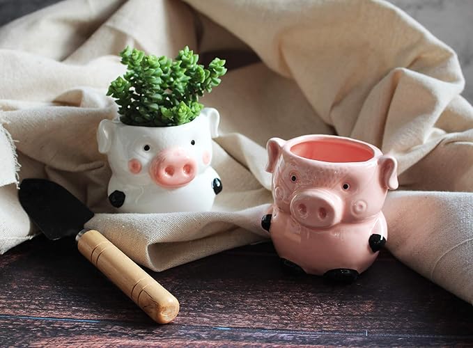 Cute Pig Planter Kitchen Pig Decor 2 Pack Ceramic Succulent Flower Pots with Drainage Hole, Office Décor
