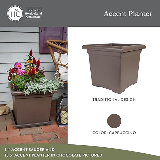 The HC Companies 12.5 Inch Accent Square Plant Pots with Drainage, Lightweight UV-Resistant Plastic Planters for Indoor & Outdoor Plants, 2-Pack Flower Pots for Garden, Office & Home Decor, Cappuccino