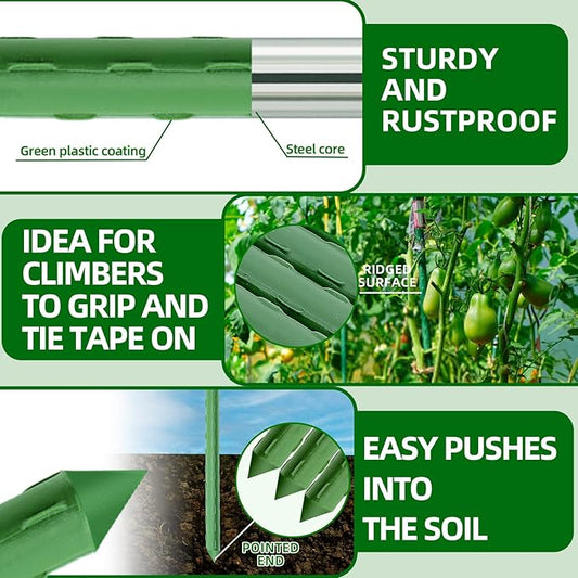 Garden Stakes 16 Inch 30 Pack, Diy 4ft 5ft 6ft 7ft 8ft Tomato Stakes Plastic Coated Metal Plant Sticks Stakes Supports with 20 Connectors 15 Rotatable Clips for Indoor Outdoor Plants Vegetable