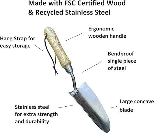 Garden Guru Garden Tool Set 3pc Hand Trowel Transplanter Cultivator – Heavy Duty Rust Resistant Stainless Steel – Classic Ergonomic Wooden Handle – Perfect Gardening Tool Kit Gifts for Women and Men