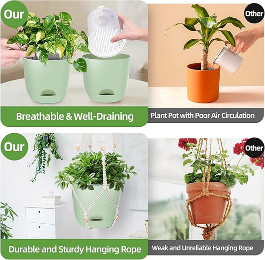 2-Pack 5.7-Inch Self-Watering Hanging Planters for Indoor & Outdoor Plants,34Inch Macrame Hanger Plant Pots Indoor with Drainage,Small Hanging Planters & Baskets,With Two Sets of Hooks(Pure green)