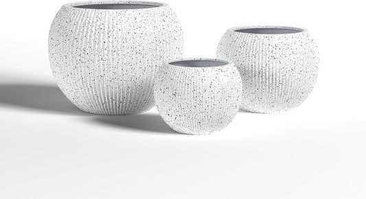 DTY Mount Sherman 12.6" D x 10'' H (Pot Opening 8.5") Fiberstone Round Planter with Drainage Hole, Smooth Finishes, Weather Resistant for Indoor and Outdoor, 2 Extra Coco Mats - White Ribbed,Small