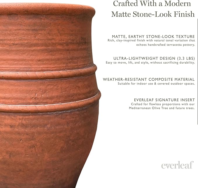 Everleaf Aria Planter Pot Small Lightweight Modern Decorative Pot for Faux Trees & Indoor Plants, Ultra-Light Matte Finish Planter for Living Room Decor Terracotta Color Canyon
