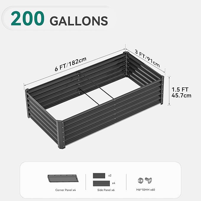 YITAHOME 6x3x1.5 ft Galvanized Raised Garden Bed Kit, Large Metal Planter Box with Gloves & Support Rod, Outdoor Flower Bed for Plants Vegetables, Black