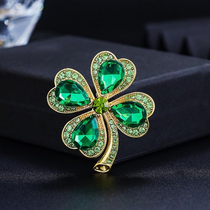 St.Patrick's Day Brooches for Women Dainty Crystal Four Leaf Lapel Pin Shamrock Hat Brooch Pins Irish Enamel Brooches Irish Holiday Costume Accessory Jewelry