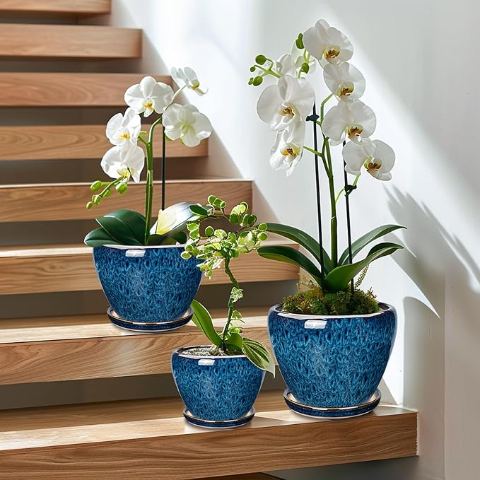 Ceramic Plant Pots Indoor, 10 Inch 8 Inch 6 Inch Round Planters Pots for Indoor Outdoor Plants, Modern Large Flower Pots with Drainage Holes and Saucers, Set of 3, Blue