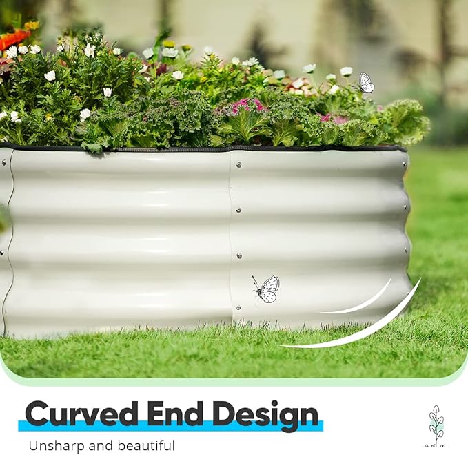 Quictent Galvanized Raised Garden Bed Kit, 8x4x1 ft Oval Metal Planter Box for Vegetables, Strengthened by Crossbar, Beige
