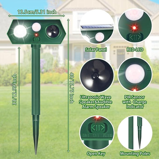 2026 Upgraded Solar Ultrasonic Animal Repellent Cat Deterrent Outdoor Motion Activated with Flash Light Repeller Keep Squirrel Deer Dog Raccoon Skunk Rabbit Away from Yard Garden Lawn 4 Pack