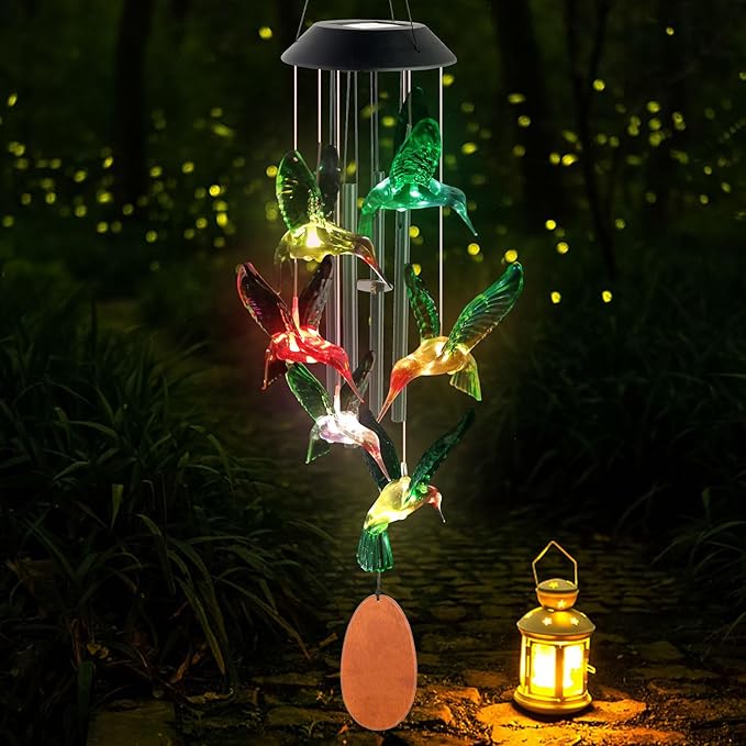 Solar Hummingbird Wind Chime Outdoor Color Changing, Garden Decor, Grandmother Gift, mom Gifts, Hummingbird Gifts, Birthday Gift for mom, Wind Chimes Outdoor Outside.