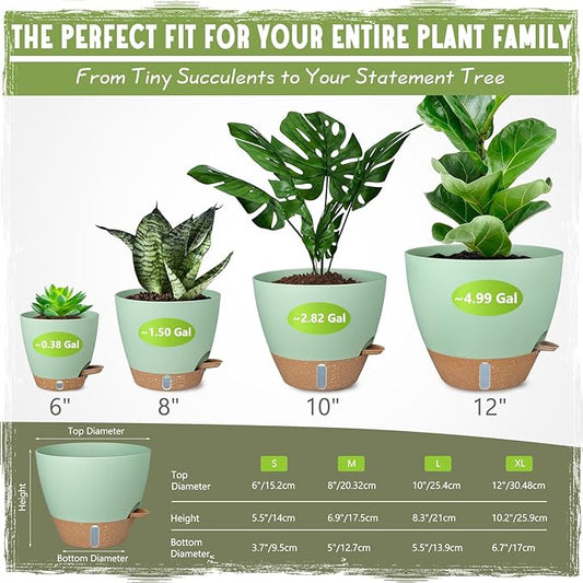 Self-Watering Pots for Indoor Plants 4 Pack, 6/8/10/12 Inch Outdoor Planters with Water Level Indicator&Deep Reservoir, Decorative Flower Pots for Indoor Plants,Home Decor (Green, 12+10+8+6 inch)