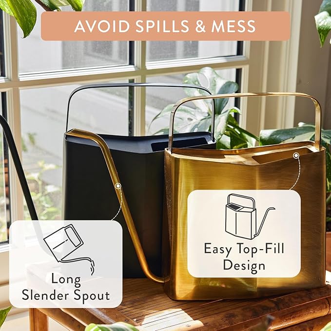 Modern Sprout Brass Finish Plant Watering Can - 3L Capacity - Long Spout Stainless Steel Vessel for Outdoor & Indoor Plants - Rust Resistant - Garden Accessory for Houseplants & Decorative Use (Black)