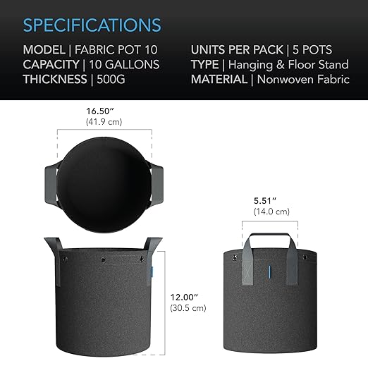AC Infinity 10-Gallon Fabric Pots & Self-Watering Base XL Bundle – 5 Heavy-Duty Grow Bags with 4 Extra Large Auto-Irrigation Water Delivery Saucers for Indoor Tents, Greenhouses, and Gardens