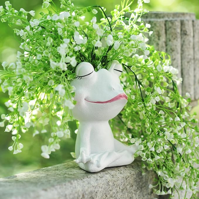 Face Planters Pots Head Yoga Frog Resin Plant Pot with Drainage Hole(White-A)