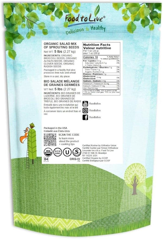 Food to Live Organic Salad Mix of Sprouting Seeds, 5 Pounds — Non-GMO Broccoli, Radish, Clover, Alfalfa. Rich Germination Rate, Non-Irradiated, Kosher, Vegan Superfood, Bulk, Rich in Sulforaphane
