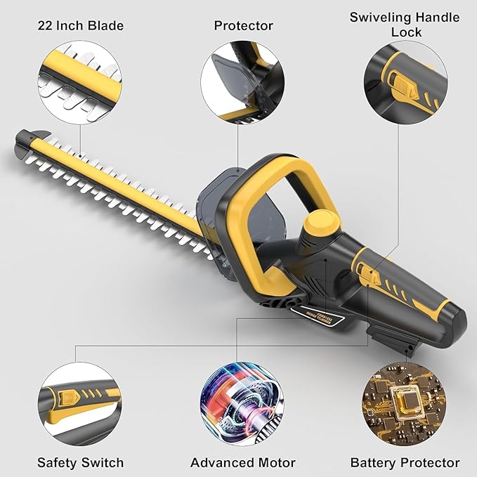 Hedge Trimmer for Dewalt 20V Battery, Cordless Hedge Trimmer with 22'' Dual-Action Blade, 1600RPM, 3/5'' Cutting Width, Rotating Handle & Dual Switch Design (Battery Not Included) (Yellow)