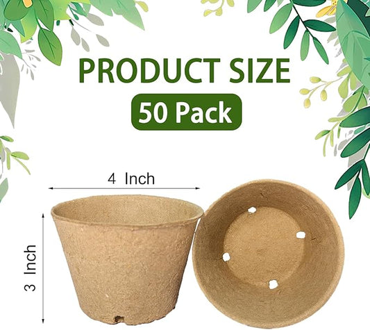 100 Pack 4 Inch Peat Pots, Biodegradable Seed Starter Pots with Drainage Holes for Indoor/Outdoor Gardening, Eco-Friendly Garden Germination Nursery Pots. (50, 4 Inch)