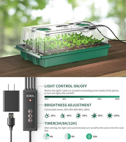 Seed Starter Tray, 80-Cells Seedling Starter Trays with Grow Light and Humidity Dome, Reusable Seed Germination Kit for Indoor Gardening Seed Starting (2 Pack, Green Base)