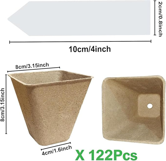 122-Pack 3.15 inch Square Peat Pots for Seedlings with 100 Labels, Biodegradable Nursery Pots with Drainage Holes for Plants