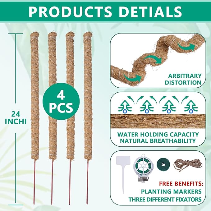 4 Pcs Bendable Moss Pole for Monstera Plant Support,24 Inch Handmade Coir Pole Stick for Climbing Plants Indoor Plant Stakes for Potted Plants to Grow Upwards