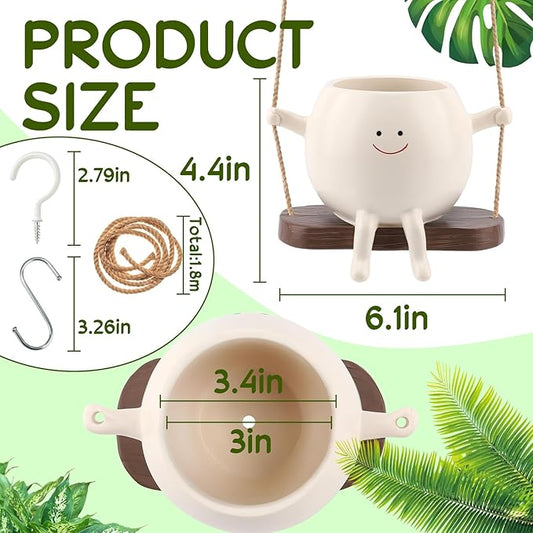 Large Glossy Swing Smiley Face Planter Pot Head, Hanging Planter for Indoor Outdoor Plants, Cute Hanging Flower Pot for String of Pearls Plant Live, Birthday Gifts(Garden, Large)