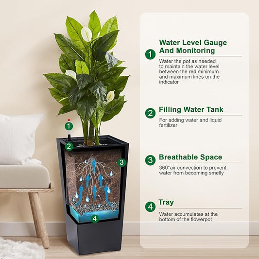 GarveeLife 22.5 in Tall Planters Set of 2, Outdoor&Indoor Black Planter Pots, High Front Porch Planter Pots with Drainage Holes&Water Level Monitor&Inner Bucket, Automatic Watering, Black