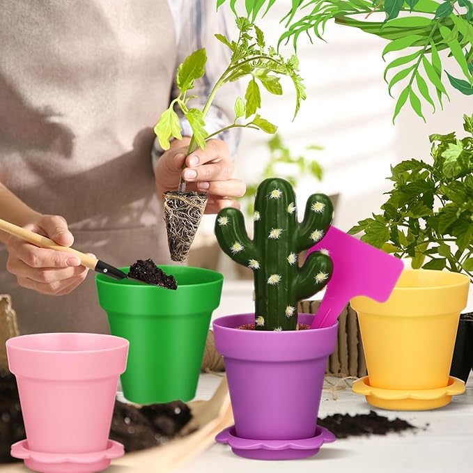 36 Packs Cupcake Plant Nursery Pots with Humidity Dome Small Flower Pots Plastic Planting Containers Cups with Saucers and Shovel for Indoor Outdoor Plant Succulent Display(Colorful)