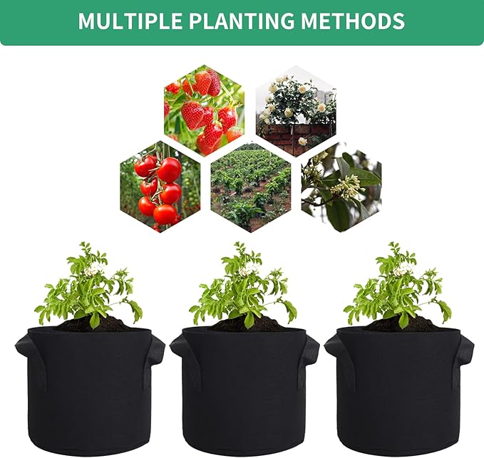 10 Gallon Fabric Grow Bags, Black Nonwoven Plant Pots with Handles, 15.7x11.8 Inches, 5 Pack