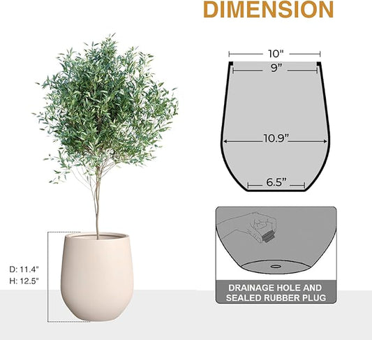 12.5" H x 11.4" D Corso Fiberstone Round Tapered Planter with Drainage Hole, Smooth Finishes, Weather Resistant, Included 2 Extra Coco Mats (Kilim Beige, 9" Pot Opening)