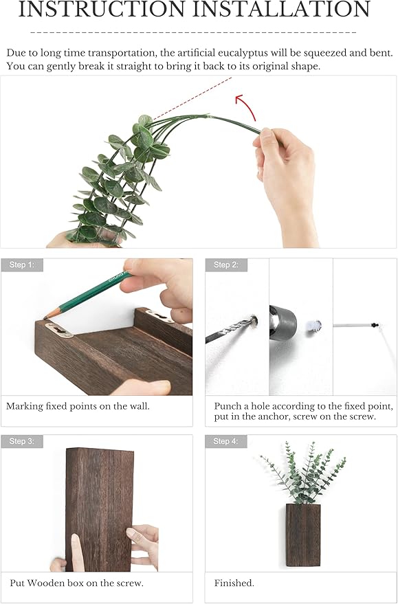 Dahey 2 Pack Wood Wall Planter Vase with Artificial Eucalyptus Farmhouse Wall Hanging Decor Pocket Planter for Indoor Fake Plants Greenery, Living Room Bedroom Kitchen Home Office Decoration