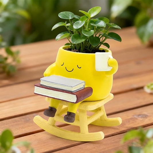 Smily Face Rocking Chair Planter -Cute Resin Book Coffee Succulents Plant Pots with Drainage Hole for Indoor Outdoor Garden, Gift IdeaI for Mother Appreciation Christmas (Yellow)