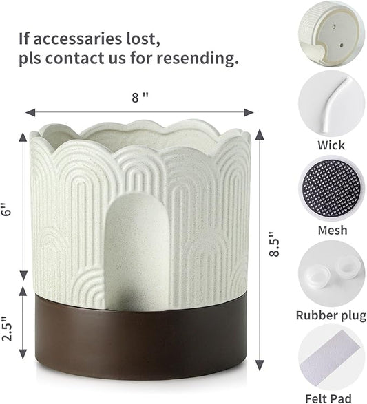 Nihow Self Watering Plant Pot: 8 Inch Ceramic Planter with Drainage Hole & Water Storage Plus - Relief Design Self Watering Pot for Indoor Plants - Beige & Brown Flower Pot