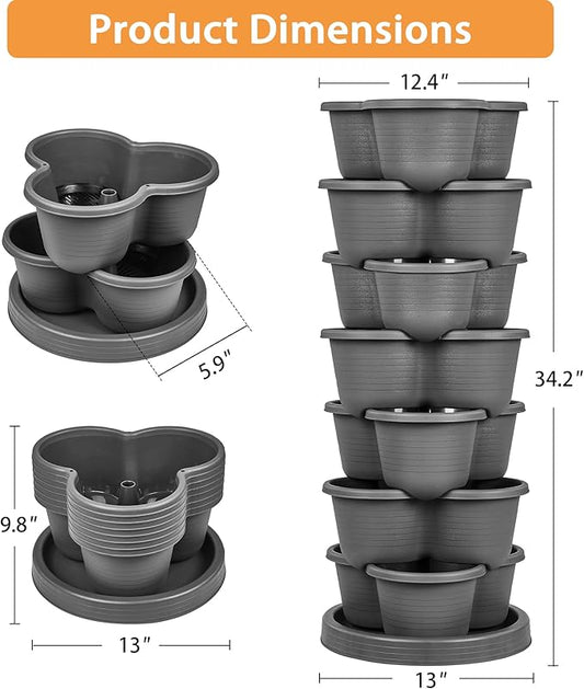 VECELO 7 Tier Vertical Garden Planter, Self Watering Stackable Planters with Wheels for Strawberries, Herbs, Flowers, Vegetables, Dark Gray