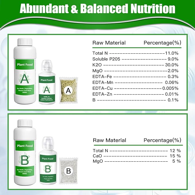 1000ml Hydroponic Plant Food Nutrients,Indoor Herb Hydroponics Growing System General Plant Food A and B Fit for Vegetables Fruits Flowers