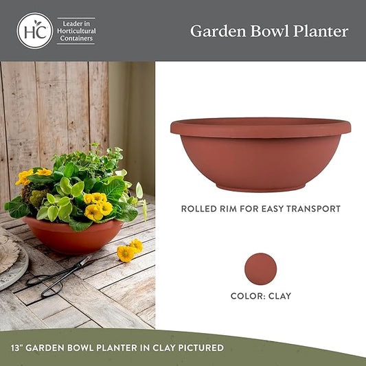 The HC Companies 24 Inch Shallow Garden Bowl Plant Pot with Drainage, Lightweight UV-Resistant Plastic Planters for Succulents, Herbs & More, 2-Pack Planters for Indoor Outdoor Home Decor, Clay