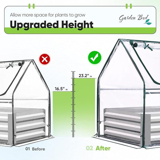 Quictent Raised Garden Bed with Cover Outdoor Galvanized Steel Planter Box Kit with Greenhouse Large Zipper Window Dual Use, 20pcs T-Type Tags & 1 Pair of Gloves Included 4x2.4x1 FT, Clear