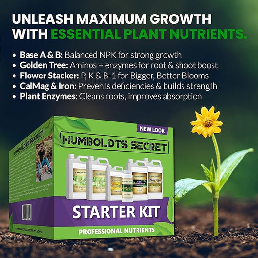 Humboldts Secret Starter Kit Pack | Indoor and Outdoor Plant Fertilizer and Hydroponic Nutrients | Base A & B, CalMag and Iron, Golden Tree, Flower Stacker, Plant Enzymes | Complete Garden System