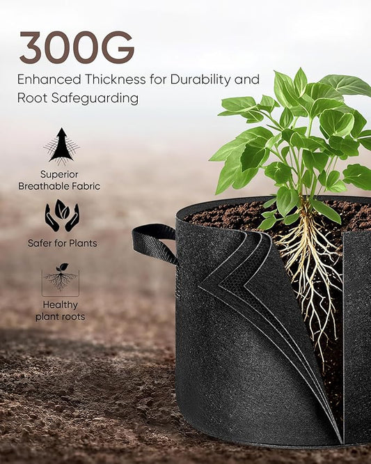 The Growing 5 Pack 5 Gallon Fabric Grow Bags,Thickened Aeration Nonwoven Fabric Plant Pots with Durable Handles,Heavy Duty 300G Planter Pot for Tomato, Fruits, Vegetables and Flowers, Black