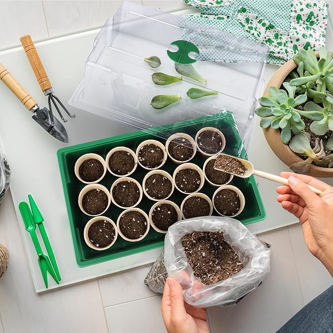 4 Pack Seed Starter Tray Set Plants Growing Trays Peat Pots for Seedlings with Seed Starter Pots, Plastic Germination Tray, Plant Labels, Tool for Flower Vegetable Planting, Green