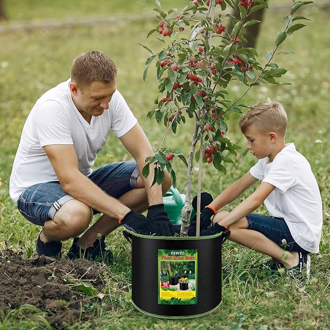 FEPITO 5 Pack 10 Gallon Grow Bags Heavy Duty Aeration Fabric Pots Plant Grow Bags with Handles Thickened Nonwoven Fabric Pots for Vegetable Fruits Flowers Plant
