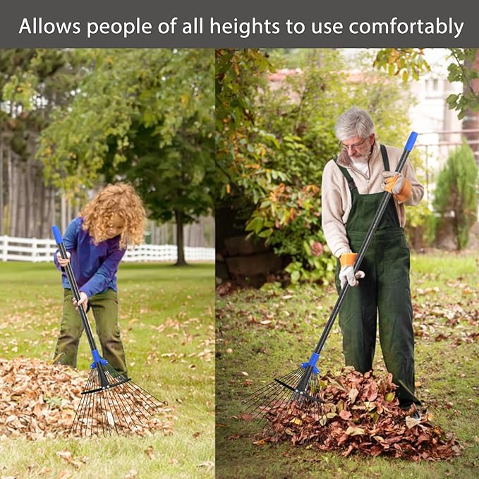 Adjustable Leaf Rake, Metal Garden Rakes for Lawns Heavy Duty Leaves with Expandable Head 8-17", Yard Women Kids Rake for Gardening RV Camping 30-50 inch
